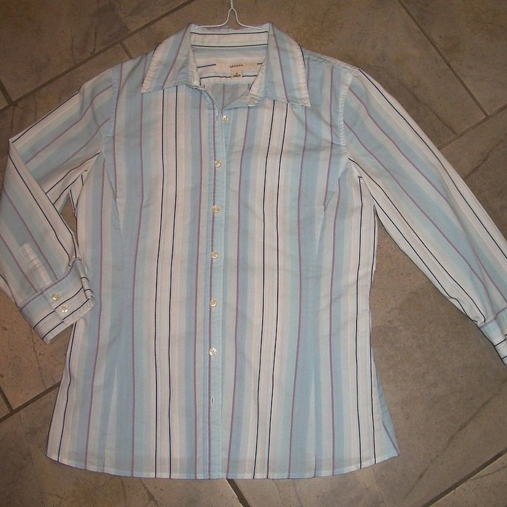 Merona Blue Stripe 3/4 Sleeve Cotton Shirt Blouse
